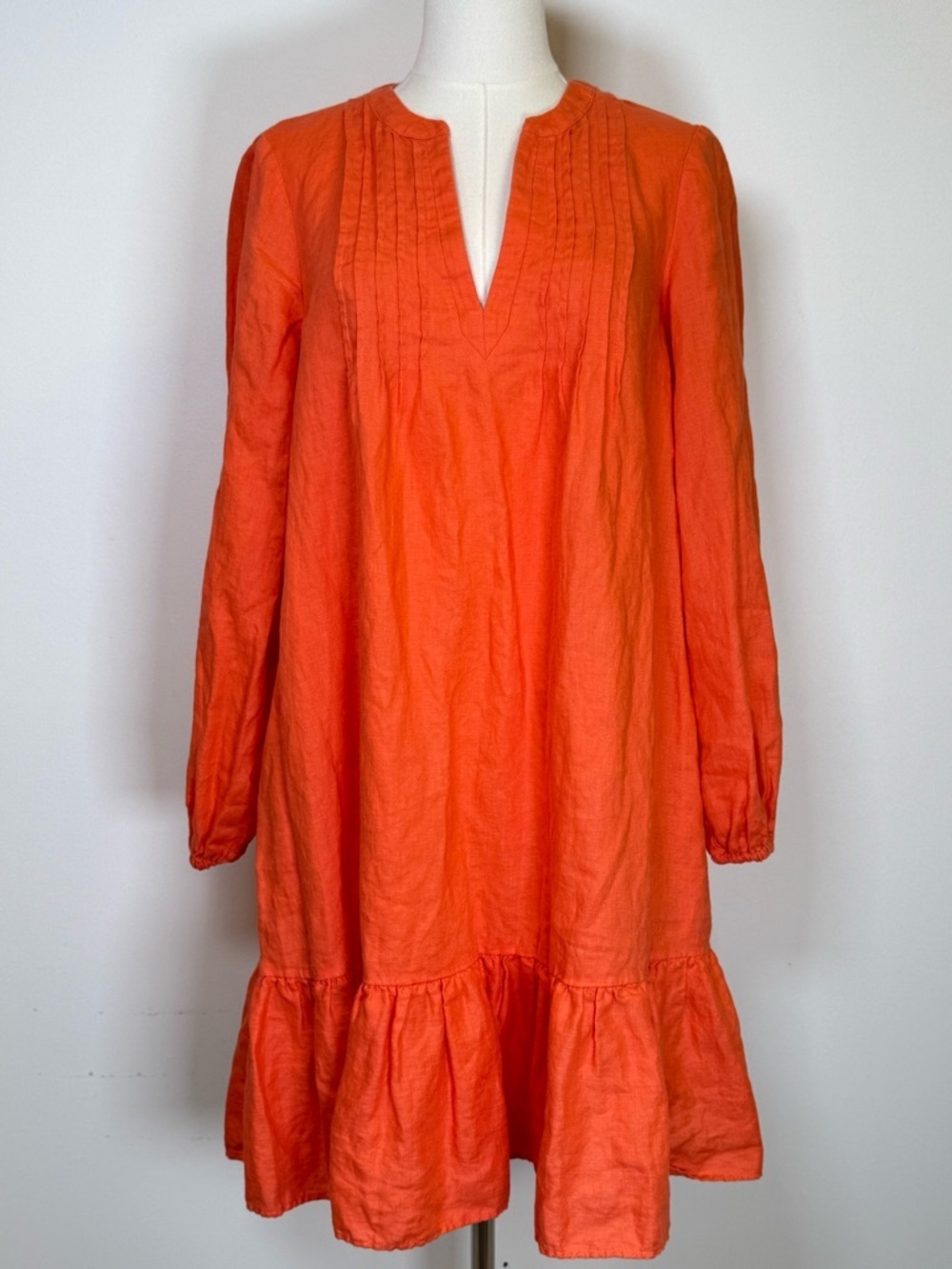 Boden Long-Sleeve Pintuck Tiered Linen Dress Ruffle Hem Pockets Women’s Size 4L